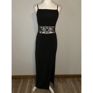 Vtg 90s Bari Jay Dress Black Maxi Slit Sheer Beaded Panel Evening Cocktail 5/6